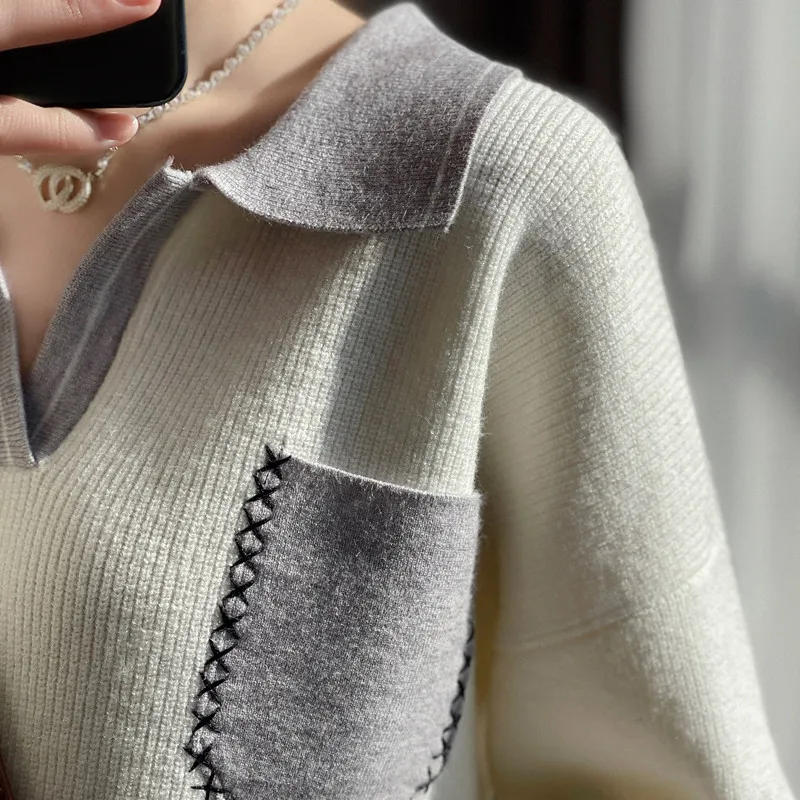 New Autumn And Winter College Style POLO Collar Wool Women\'s Loose Lazy Wind Age-Reducing Sweater Knitted Bottoming Shirt