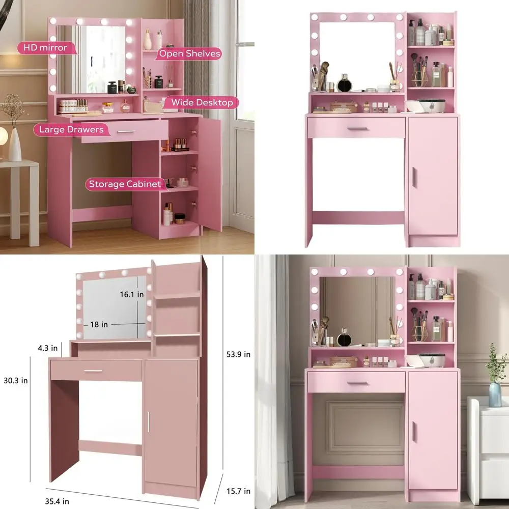 Pink Bedroom Vanity Desk with Mirror, Light, Large Drawer, and 3-Level Storage