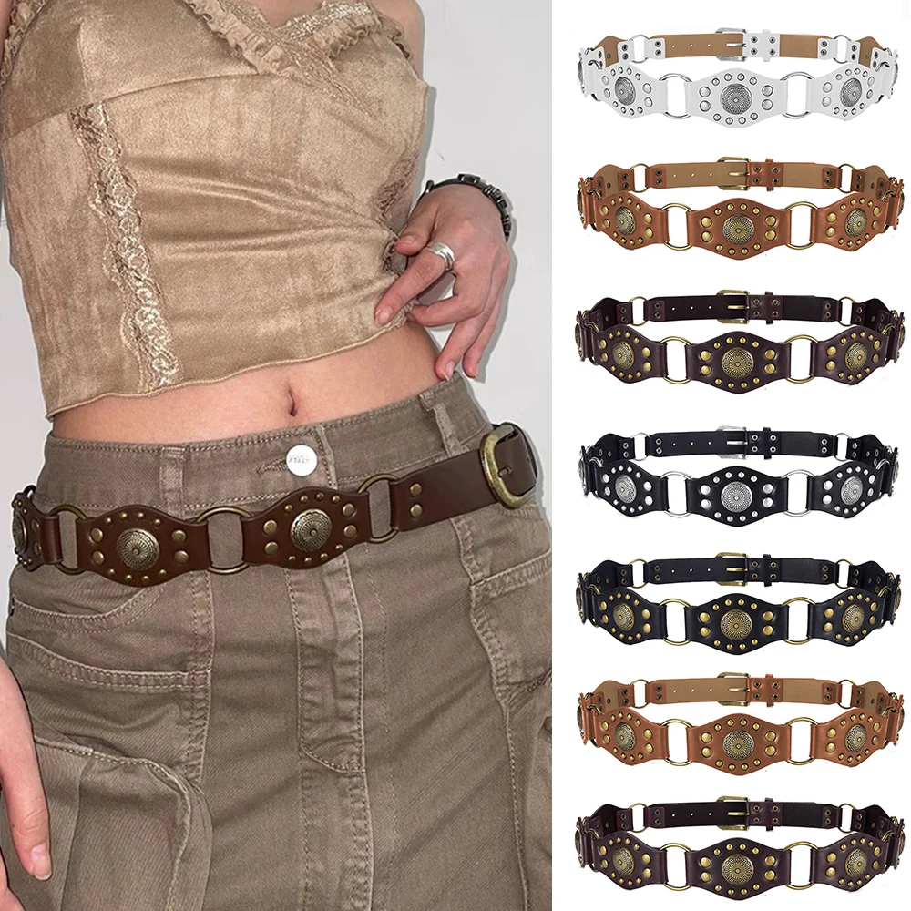 

Retro American Rivet Metal Buckle Belts Western Cowboy Style PU Leather Belt Y2K Adjustable Wide Belts Women Jeans Waistband