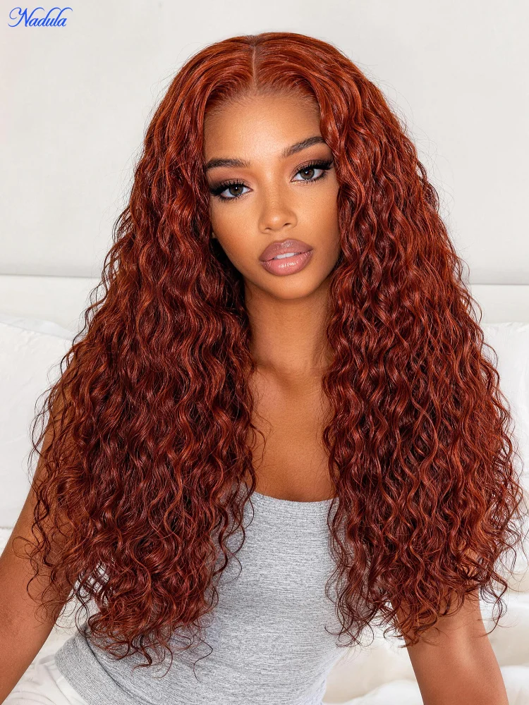 NADULA 7x5 Pre Cut HD Transparent Lace Reddish Brown Water Wave Glueless Wig 100% Human Hair Pre Bleached Knots Drawstring Human Hair Wig No Tangle No Shedding Last More than 12 Months 30 Days No Reason Free Local Return
