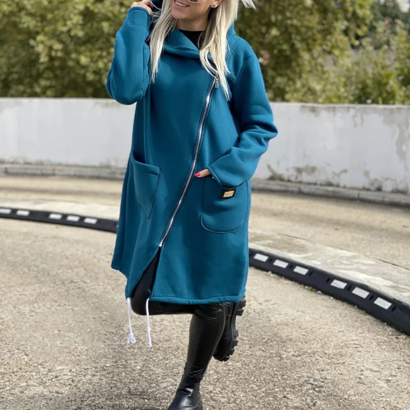 

Elegant Zipper Long Sleeve Fleece Sweatshirt Women Casual Long Sleeve Solid Autumn Winter Coats Fashion Pocket Loose Midi Jacket