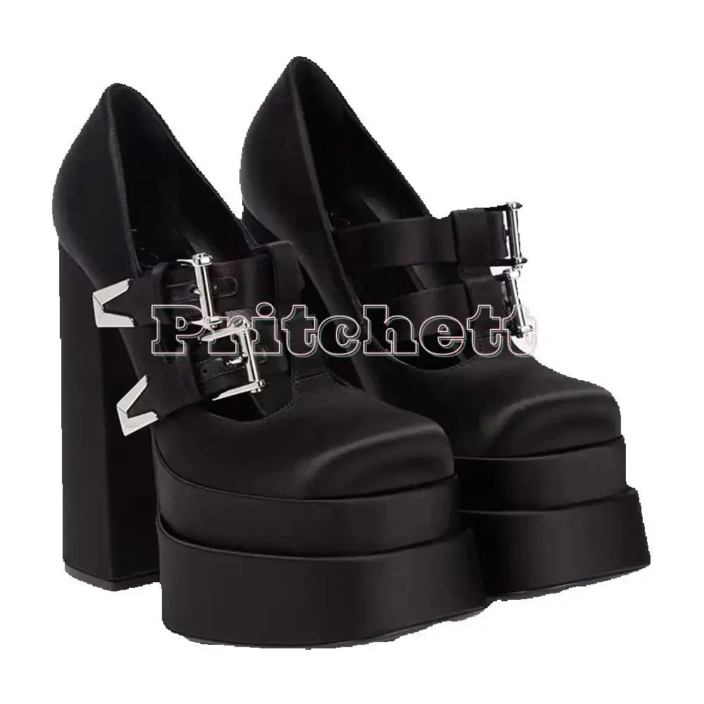 Botas negras lisas para mujer, doble plataforma, punta cuadrada, doble hebilla, tacones altos negros, zapatos de pasarela sexis, novedades de lujo 2025