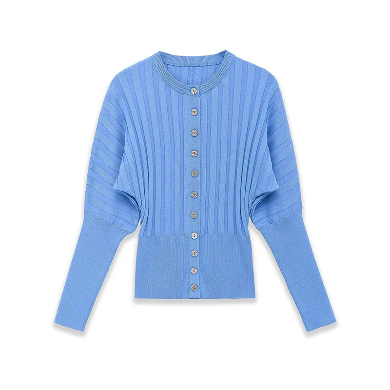 

YENKYE Spring 2026 Women Light Blue Knit Cardigan Round Neck Dolman Sleeve Fitted Waist Top For Streetwear