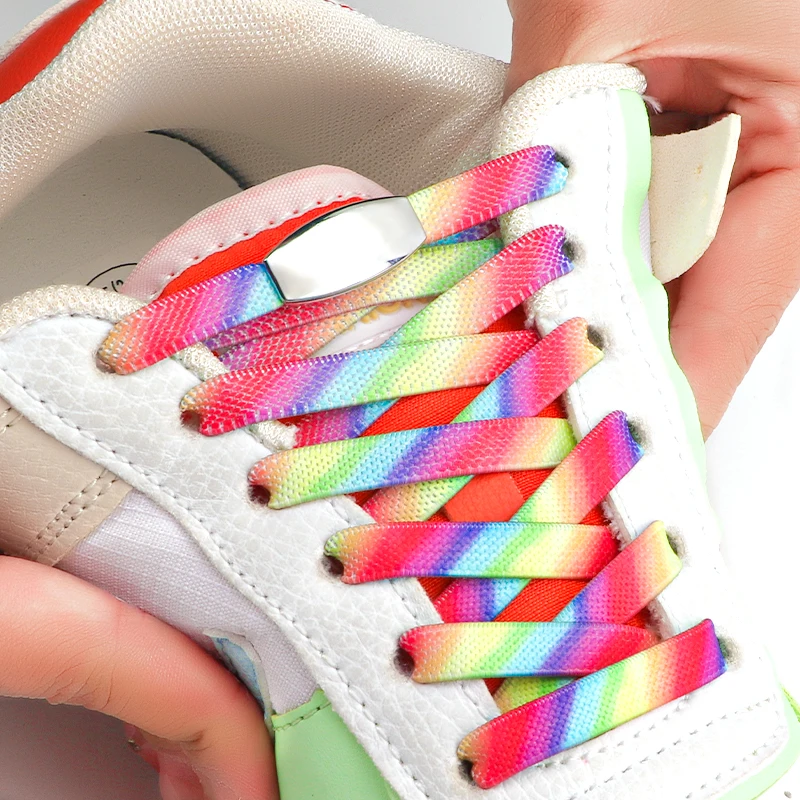 Anti-Dropping Elastic No Tie Shoelaces Flat Gradient Rainbow Shoe Laces For Kids Adult Sneakers Quick Lazy Metal Lock Shoelace