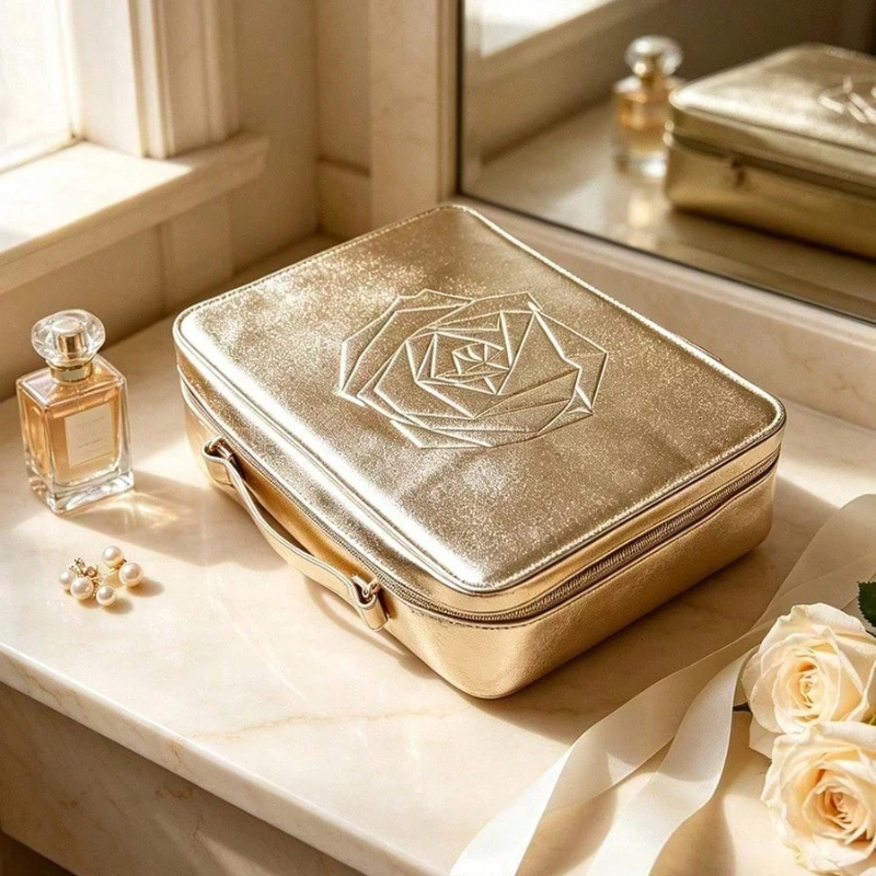 Lancome Metallic Gold Embossed Rose Cosmetic Bag Large Capacity Travel Makeup Storage Bag For Daily Outing Birthday Holiday Gift view 3