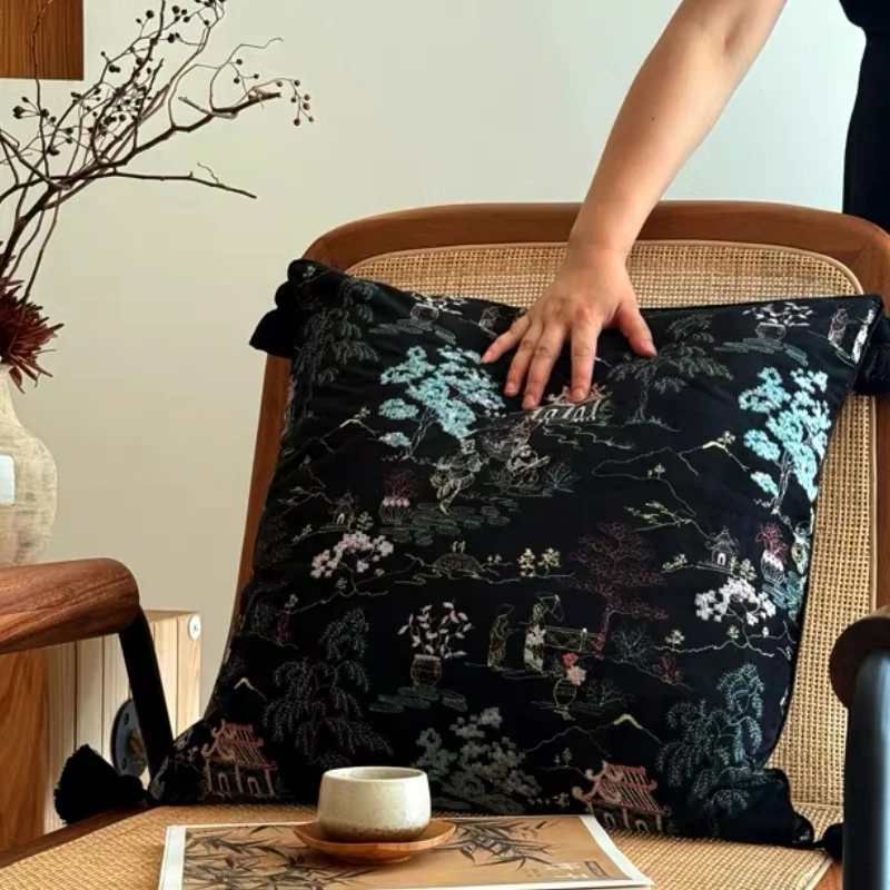 Oriental Landscape Embroidery Pillow Cover | Luxury Black Cushion Case with Tassels | Chinese Retro Chinoiserie Sofa Bedroom