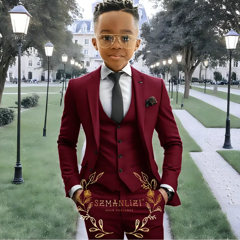 

Burgundy Flower Boys Formal Suits Clothing Set Kids Coat Vest Pants 3Pcs Wedding Tuxedo Suit Children Blazer Birthday Costume
