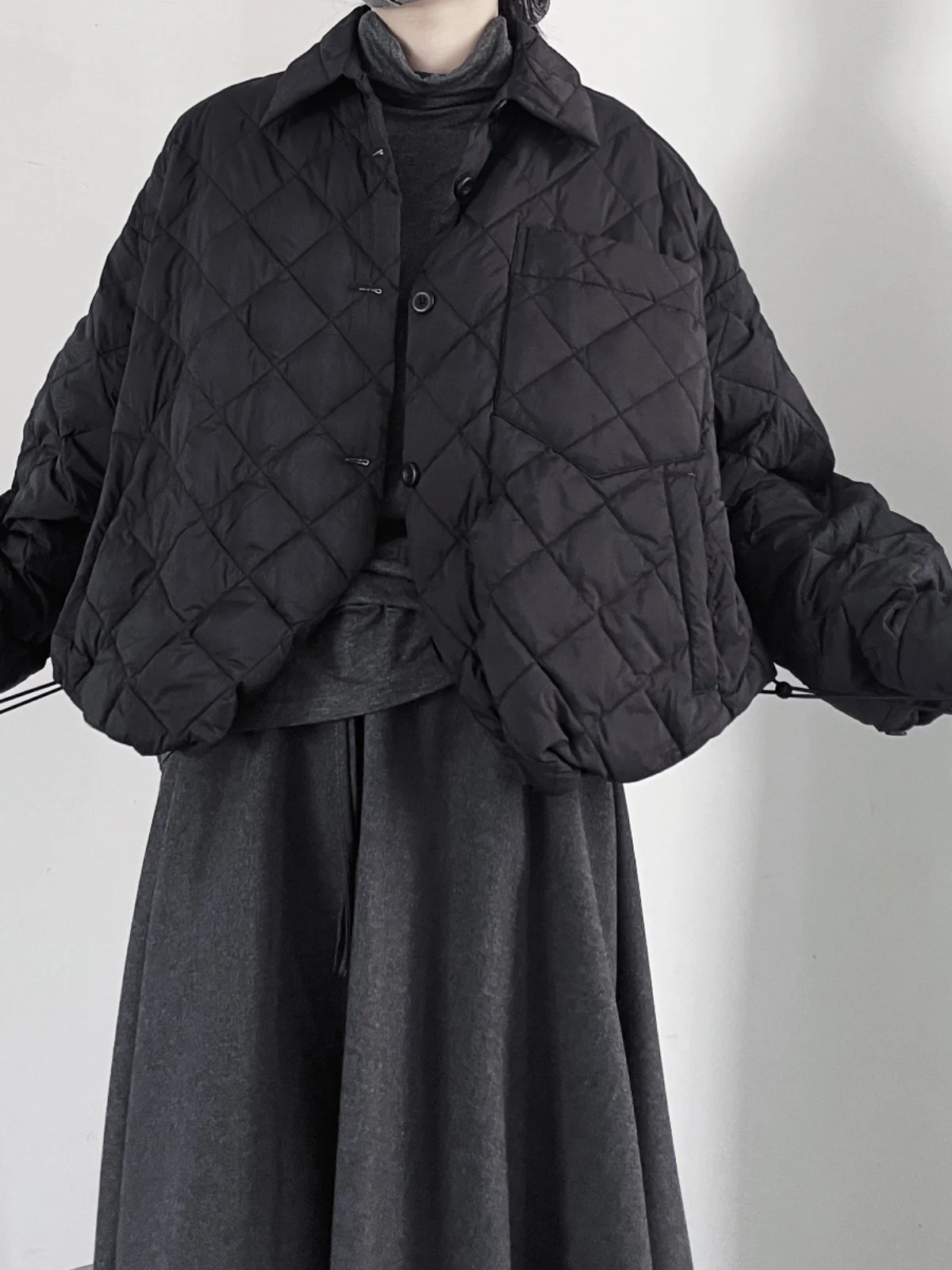 

k Sle Dstring ort Lightweight Quilted Cotton Jaet Collar Long Sve Women's down irt Coat Diamond Pattern