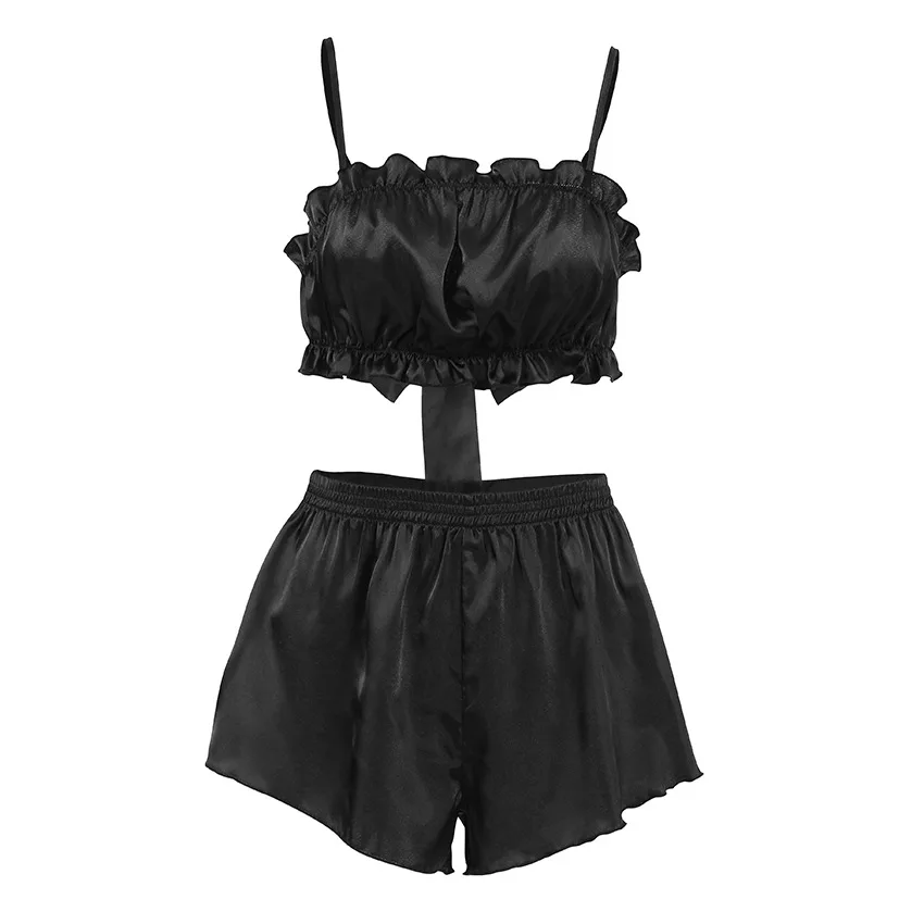 Women Pyjamas Suit Lace Up Nightie Sexy Crop Top Pajama Tank Tops Nightwear Set Shorts Summer Black Sexy Sleepwear 2024