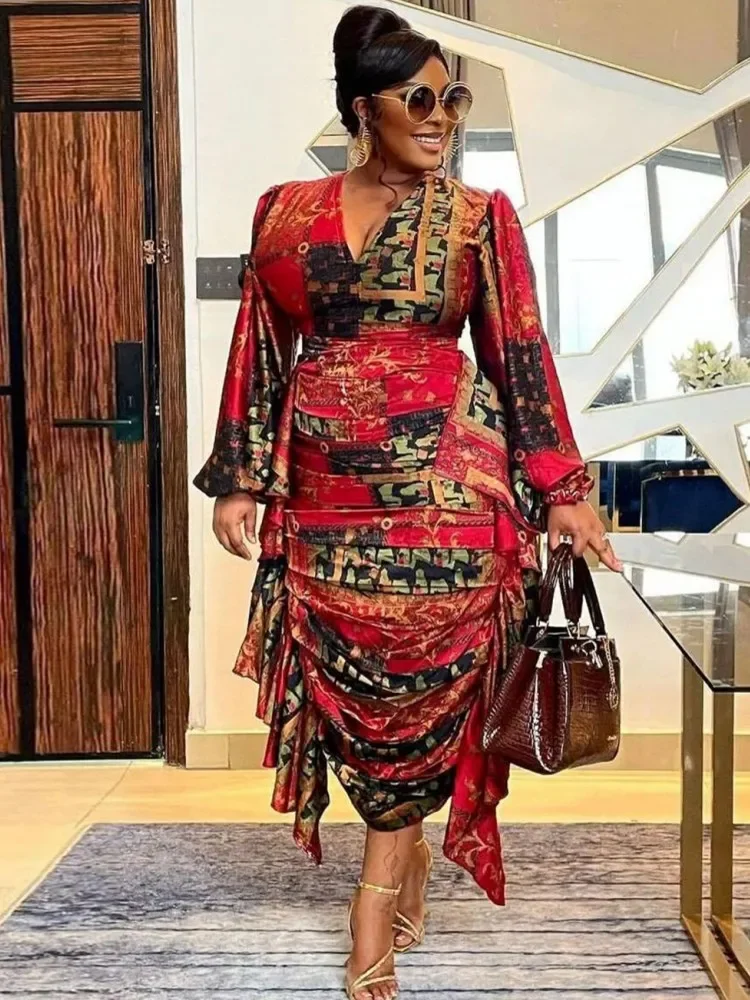 

African Dresses For Women Summer Autumn Africa Clothing Long Sleeve Ruched Dress Sexy V-Neck Slim Dress Office Lady Party