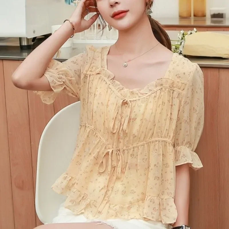 Female Tops with Puffy Sleeves Chiffon Women\'s Shirt and Blouse Sexy Yellow Tall Clothing Trend 2024 Cool Korean Popular Clothes