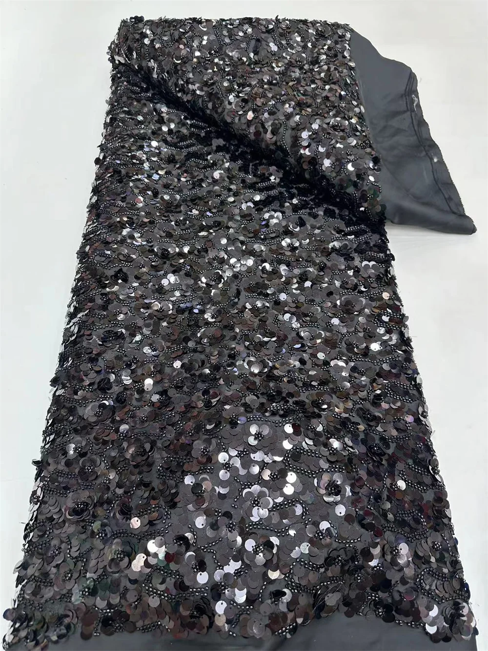 

2024 Black High Quality African Handmade Beaded Lace Fabric Nigerian Groom Embroidery Sequins Lace Fabric Women Wedding Wp696-1