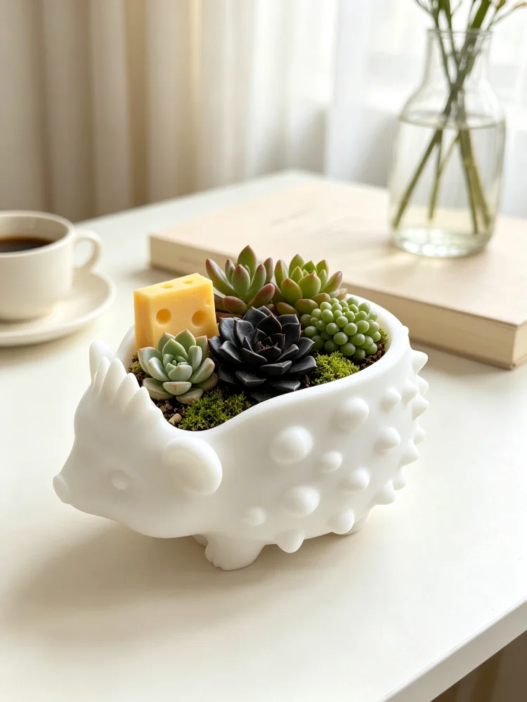 Cute Cartoon Hedgehog Animal-Shaped Flower Pot, Matte White Large-Diameter Indoor Succulent Flower Pot, Suitable for Planting Cacti and Small Indoor Green Plants, with Embossed Texture Design, Decorative Piece for Desktop, Windowsill, and Office Desk, Sturdy and Durable, Ideal for Living Room and Bedroom, a Preferred Gardening and Housewarming Gift for Green Plant Enthusiasts