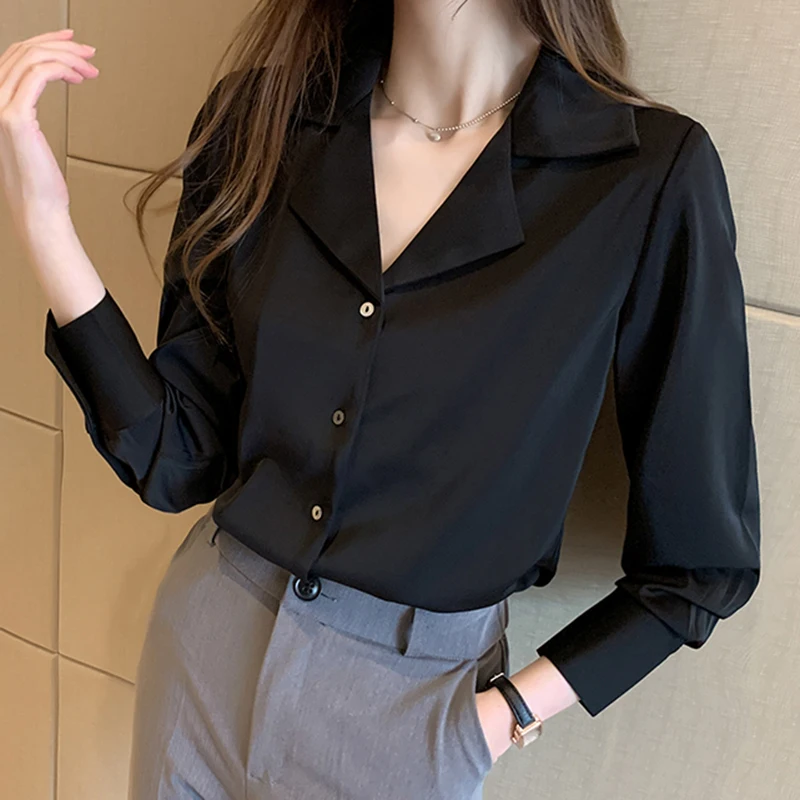 Women Shirts Silk Women Blouses Office Lady Satin White Shirt Woman Clothes Long Sleeve Blouse Notched Collar Casual Ladies Tops