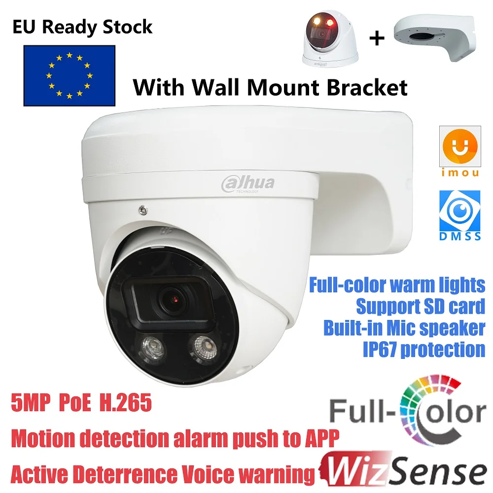 Dahua 5MP Full-color Active Deterrence Fixed-focal Eyeball WizSense Network IP Camera HDW3549H-AS-PV-S3 built-in Mic and speaker