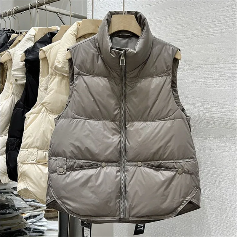 

New Autumn Winter Down Vest Jackets for Women Ultra Light Stand Collar Beige Sleeveles Cotton Coat Parka Ladies Warm Waistcoat