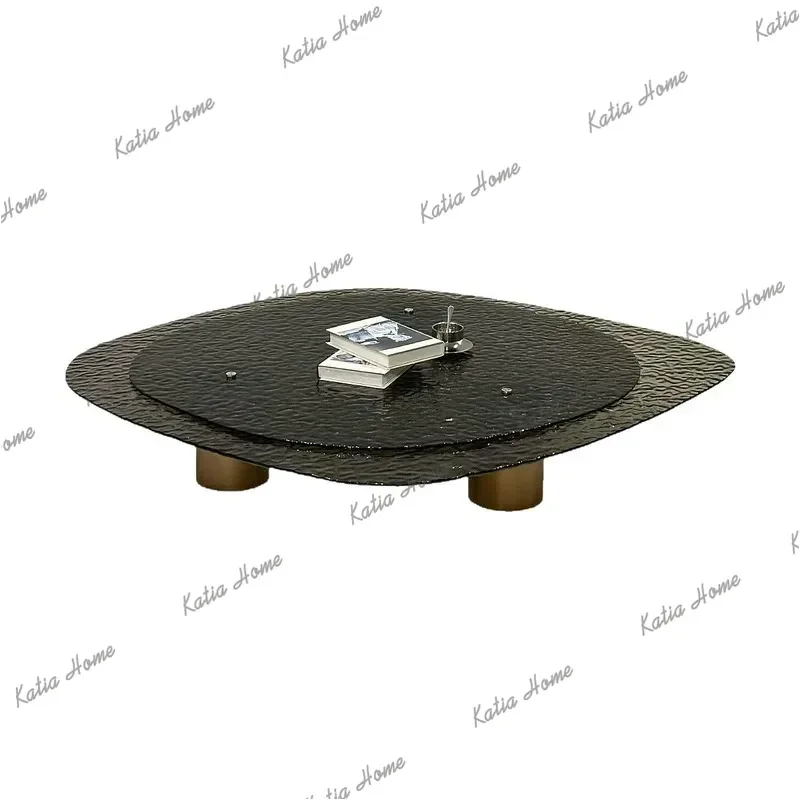 YJ Italian Minimalist Irregular Coffee Table 2026 Villa Shaped Water Ripple Glass Luxury Tea Color New Double Layer