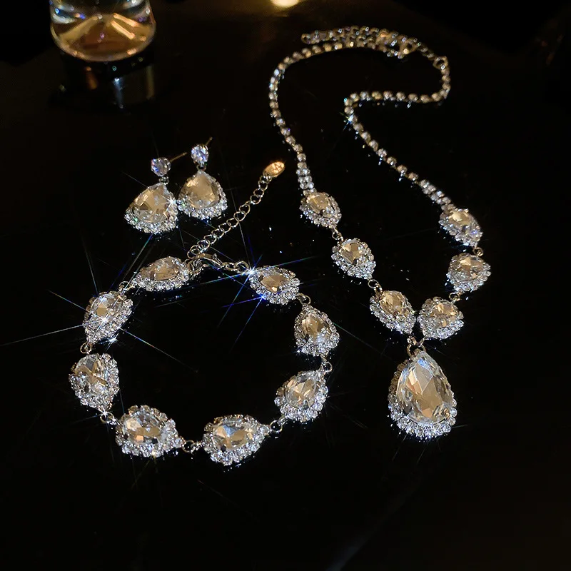 1/2 Pcs Water Drop Rhinestones Pendant Necklaces for Women Shiny Splicing Bracelets Earrings Set Party Wedding Friends Gift A