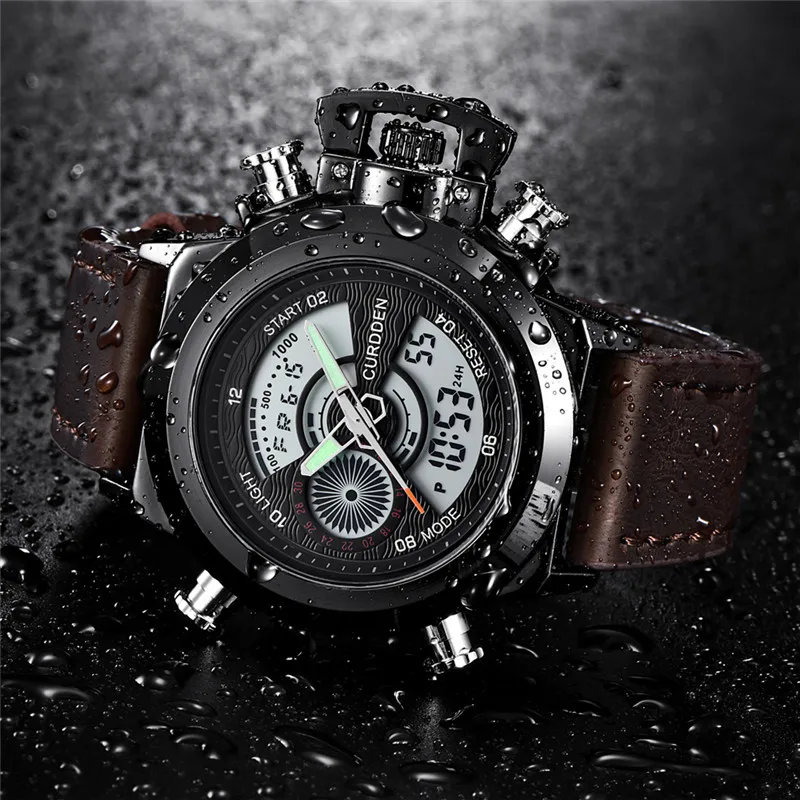 Men Original CURDDEN Brand Dual Time Watches Fashion Leather Band Chronograph Military Multi-function Sports Watch Reloj Hombre