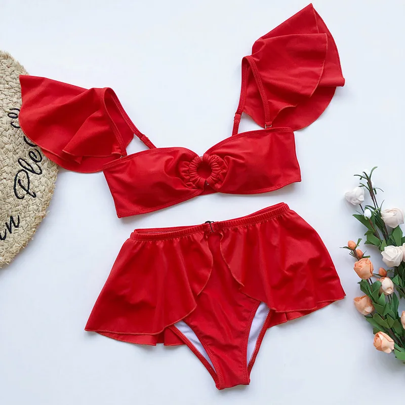 Red Swimsuit With Skirt Sexy High Waist Bikini 2020 Ruffle Swimsuit Female Swimwear Women Off Shoulder Bandeau Bathing Suit