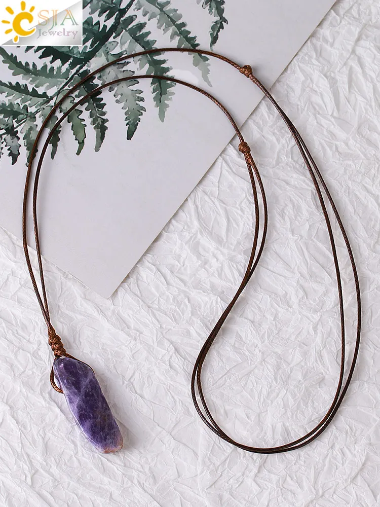 CSJA Healing Crystals Necklaces Irregular Natural Stone Slice Pendant Necklace Pink Quartz Labradorite Tiger Eye Jewelry H090