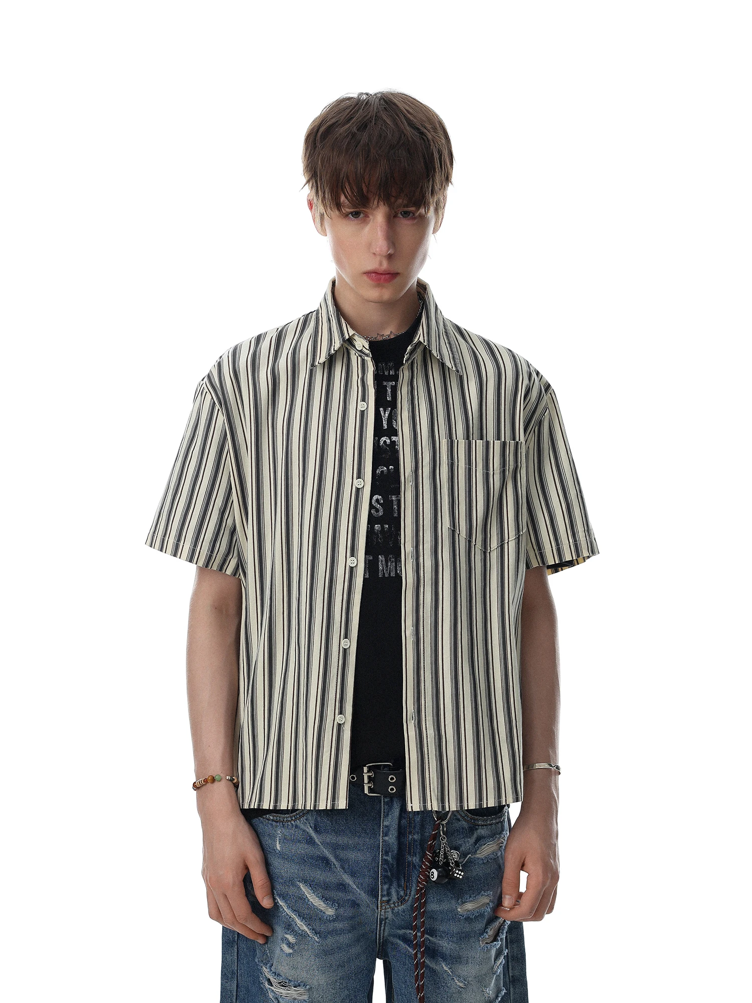MRNEARLY American Retro Striped Color Block Short Sleeve Men's Summer Casual Cotton Shirt Vintage Style Loose Fit Top