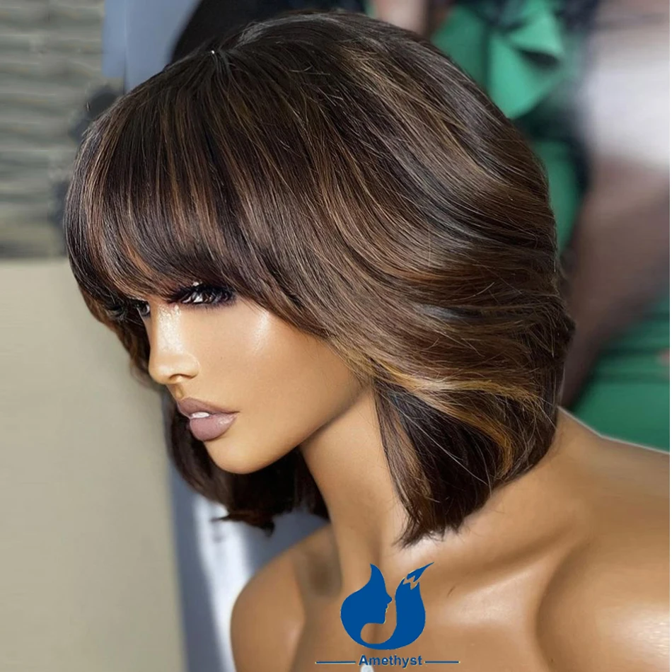 Amethist Bruin Highlight Short Bob Golvend Braziliaans Menselijk Haar Full Machine Made Scalp Top Pruiken Met Pony Voor Vrouwen