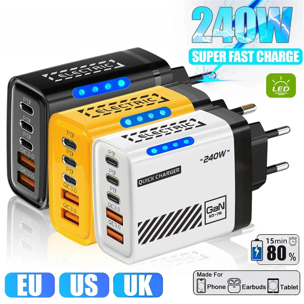 Cargador de Escritorio GaN de 240W, 5 Puertos (3PD+2USB Tipo C), Carga Rápida para iPhone 17, Samsung, Xiaomi, Enchufe EU/US/UK, Adaptador de Carga Rápida