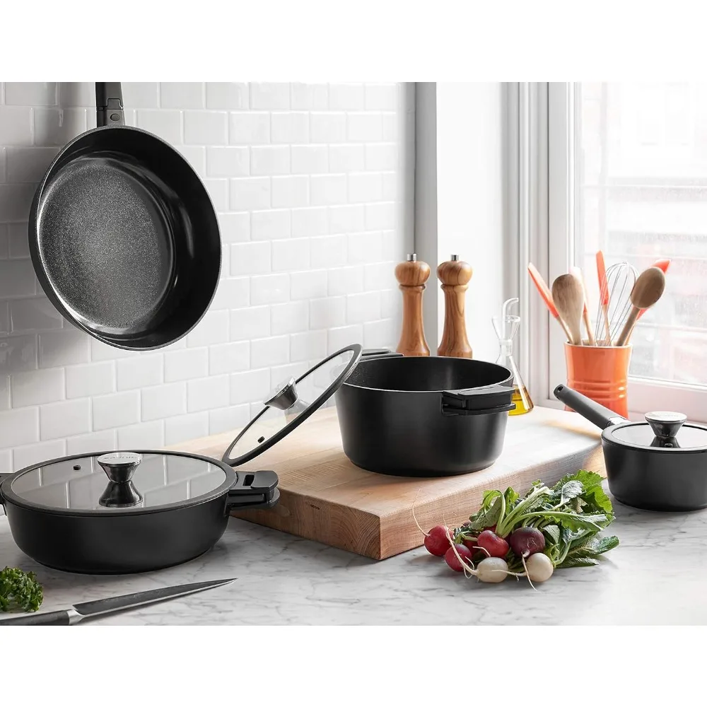 مجموعة أواني طهي جديدة مكونة من 7 قطع - ألومنيوم مصبوب ممتاز مع طلاء سيراميك غير لاصق قائم على التيتانيوم ومقابض قابلة للفصل - توصيل مجاني #1