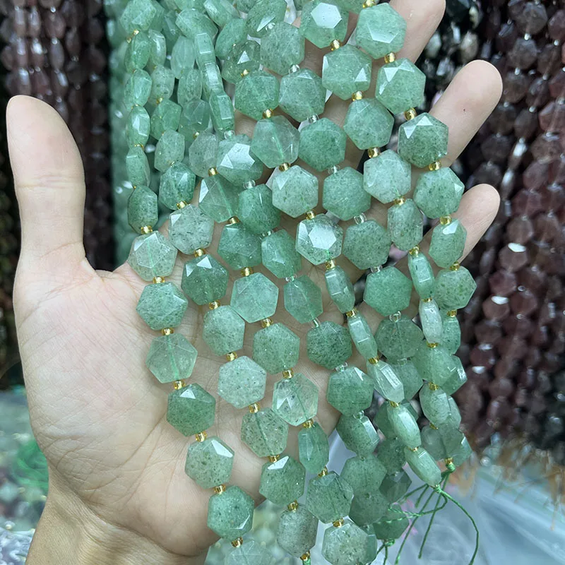 Natural 12mm Green Strawberry Quartz Irregular Loose Beads For Jewelry Making Hexagon Section DIY Necklace Bracelet 15''