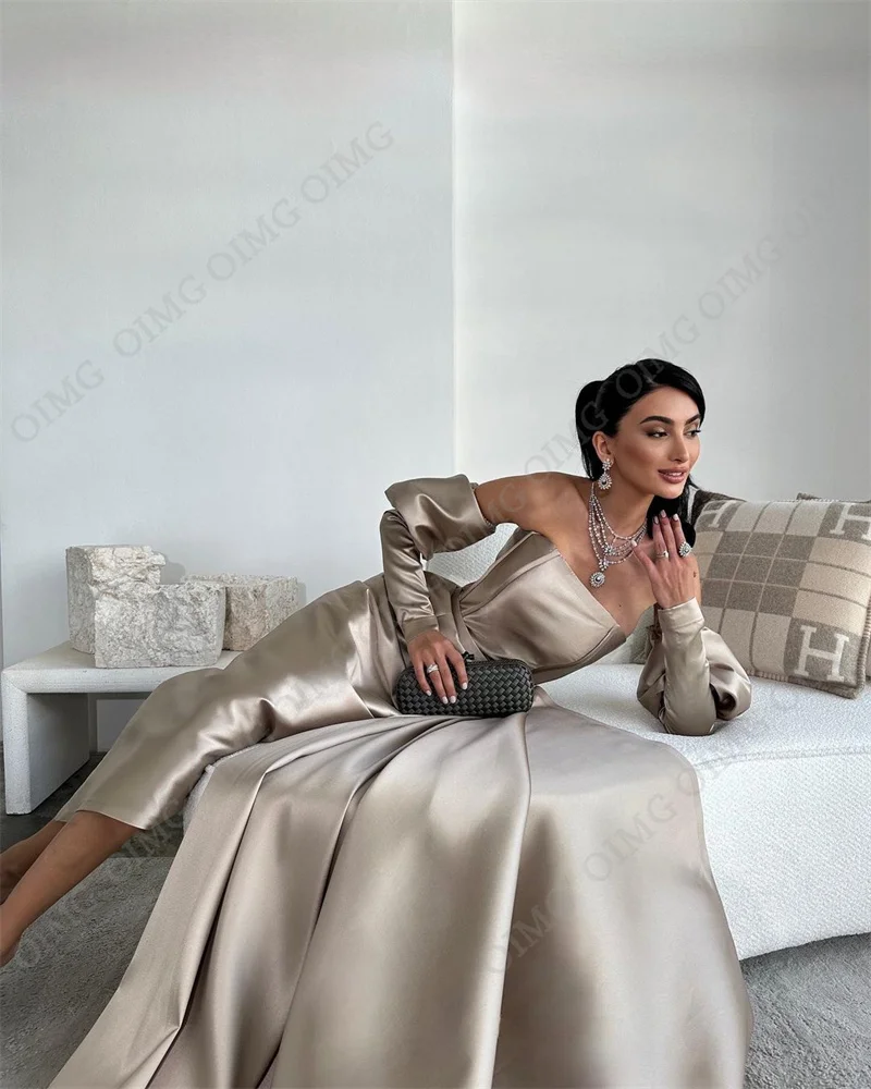 OIMG New Arrival Long Sleeves Evening Dresses Satin Strapless Dubai Party Prom Gowns Speical Occasion Dress Abendkleider