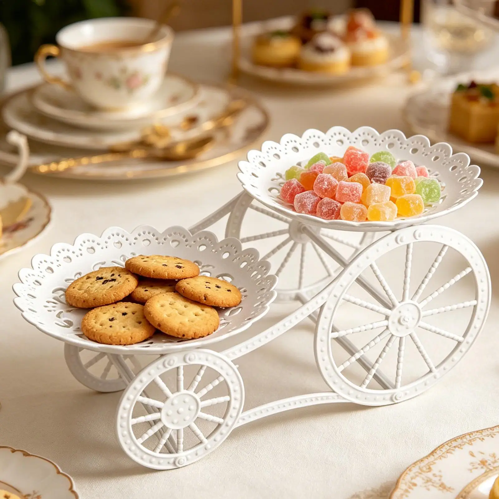 Carriage Shaped Tiered Tray Stand 2Layer Hollow Platter Candy Cake Display Stand for Birthday Party Wedding Buffet Afternoon Tea