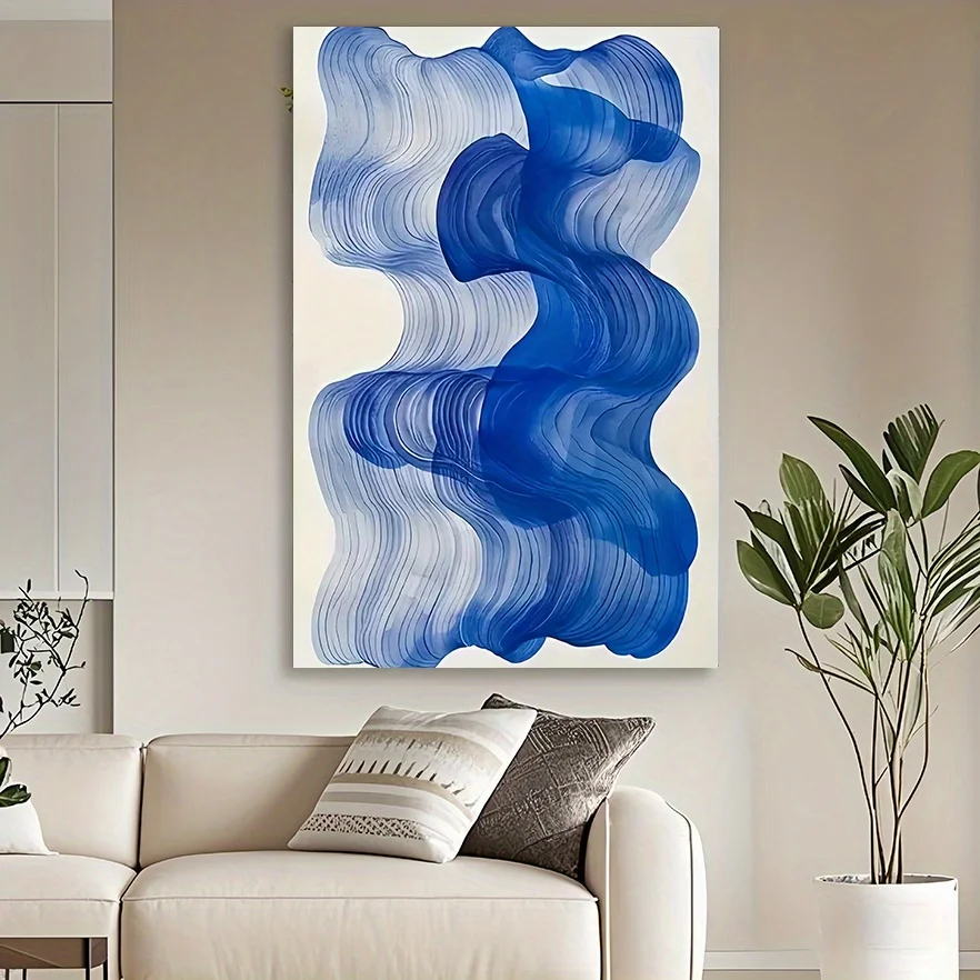 Renaissance-style canvas wall art with blue wave design, portrait orientation for indoor dec 1pc, Frameless, 31.49x47.24 inches,