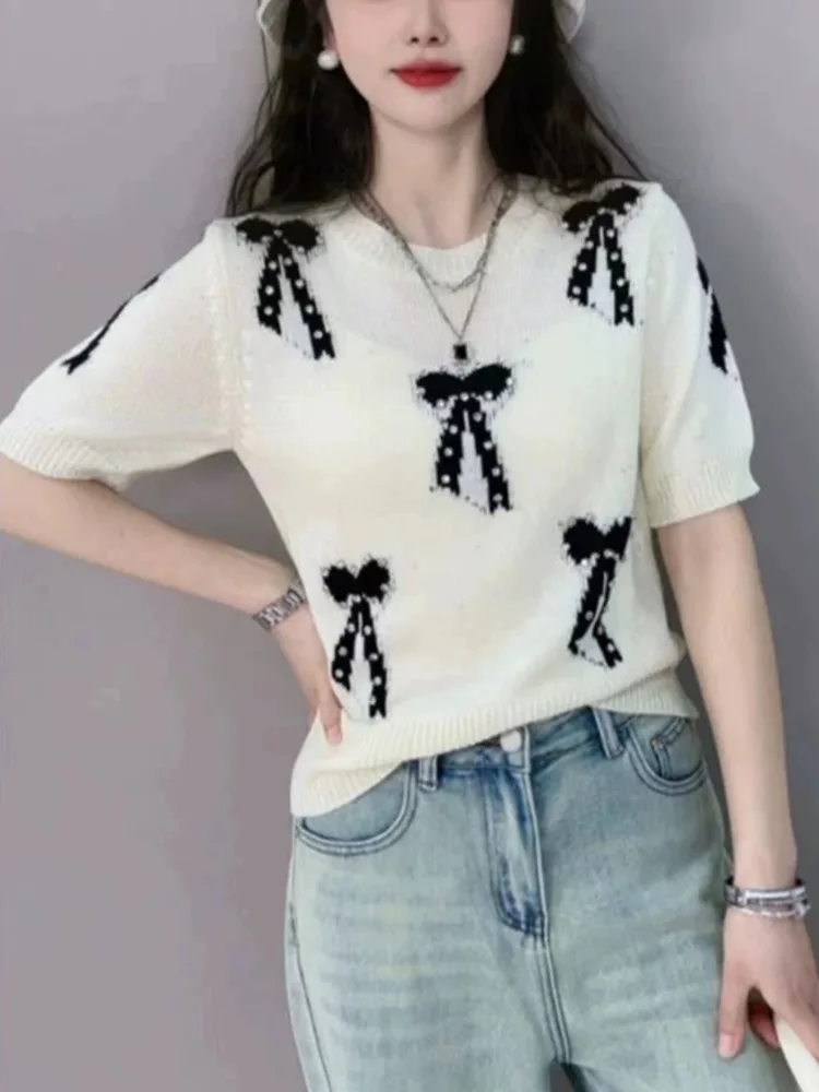 2024 Summer Diamonds Bow Jacquard Sweater Women Short Sleeve Round Neck Elegant Stylish Korean Fashion Chic Knitwear Jumpers