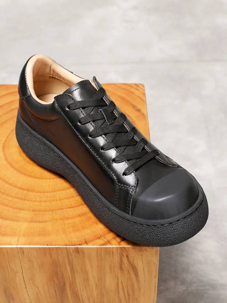 Fashion Casual Sport Shoes Men Black Thick Sole Work Platform Sneakers Youth Lace Up Round Toe Handmade Leather Shoes