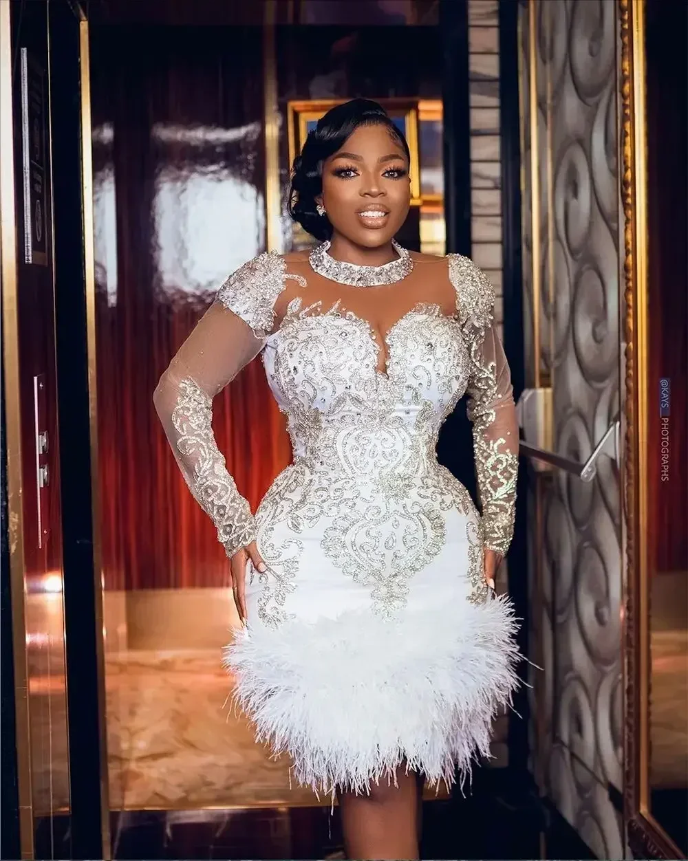 Customized Plus Size Arabic Mermaid Luxurious Short Wedding Dress Beaded Crystals Feather Bridal Gowns Dresses