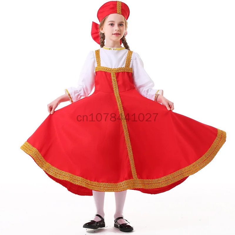 Christmas Children Cosplay Russian Dance Girl Costume Red Sarafan Folk Fancy Dress Up Party Kids National Traditional Clothing