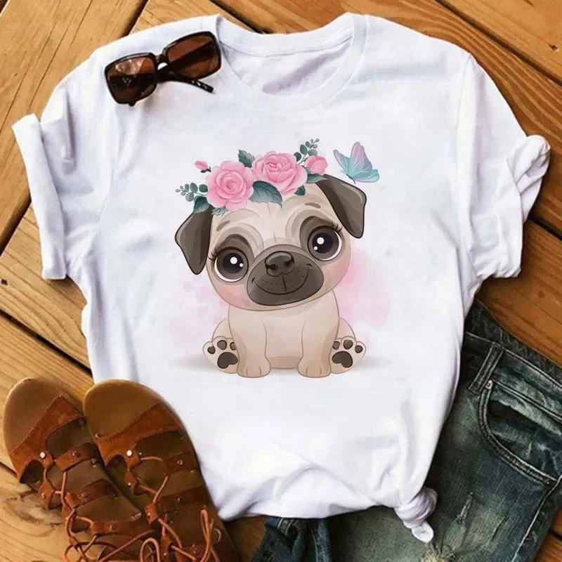 Cartoon T Shirt Maycaur French Bulldog Funny  Women Harajuku 90s Girls Graphic Tee Casual O-neck Tops  Summer Cotton Casual Tees