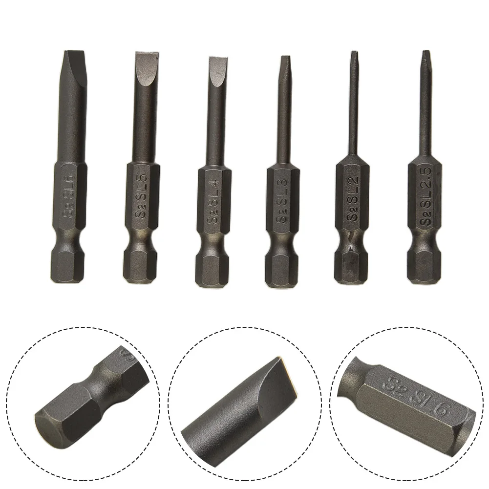 Mata obeng ujung berlubang, mata obeng kepala datar lubang 1/4in Hex Shank 2.0-6.0mm 50mm 6 buah/set