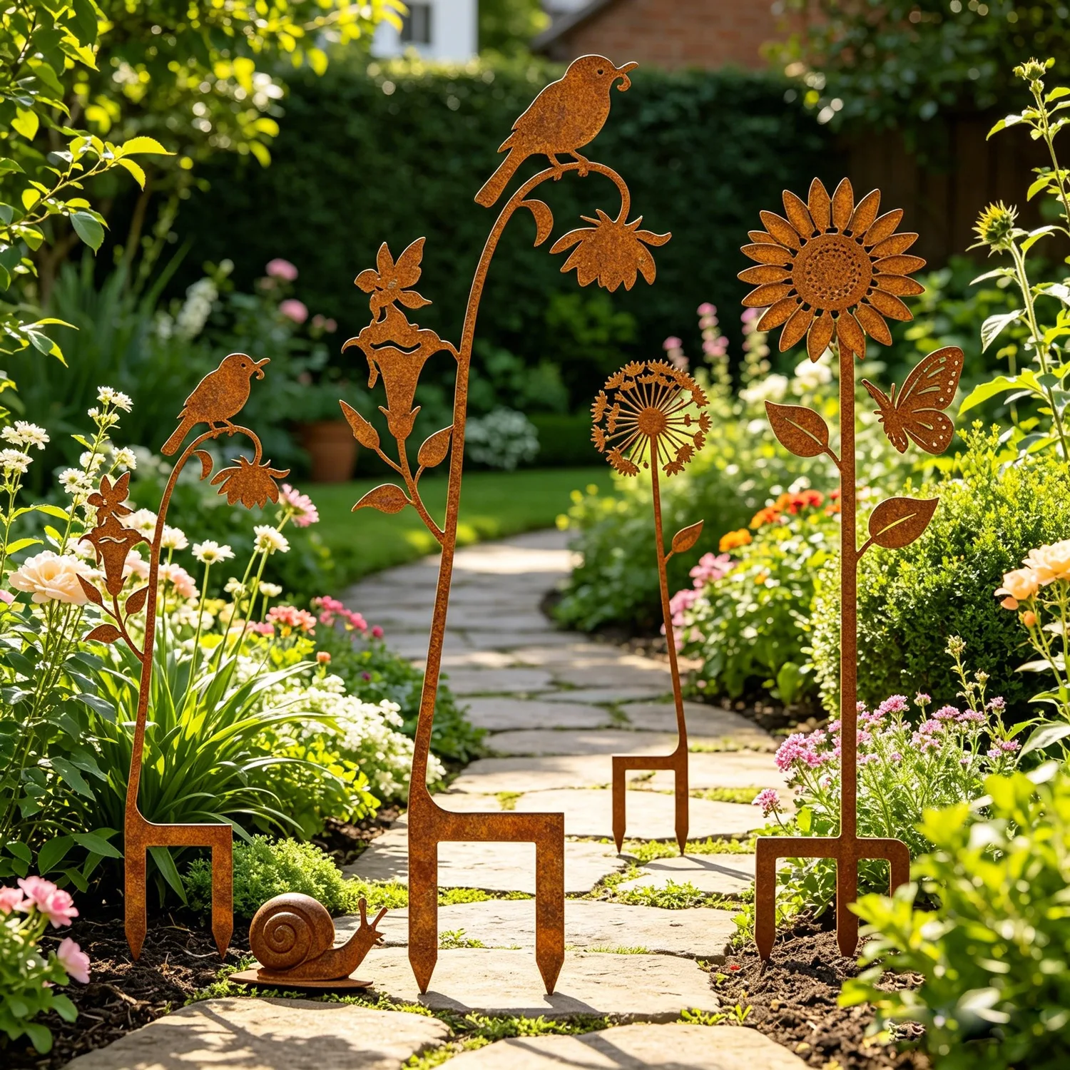 Rusty Metal Garden Stake, Butterfly Sunflower Silhouette Yard Art, Rustic Iron Ground Plug, Outdoor Lawn Patio Decor Ornament