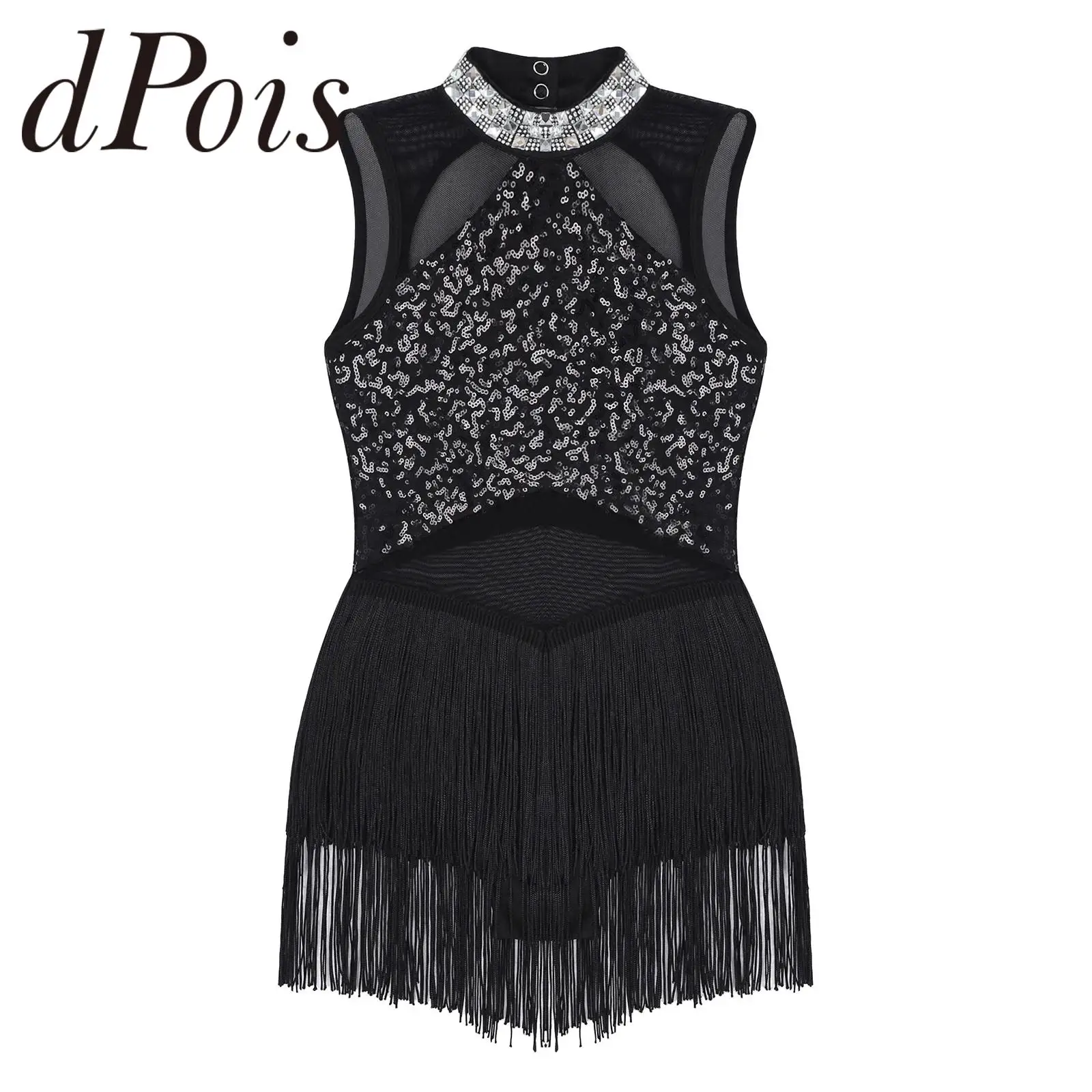 

Girls Tassel Latin Dance Dress for Kids, Mesh Splice Sequins Gymnastics Leotards, Children Ballroom Cha Cha Jazz Dance Costume