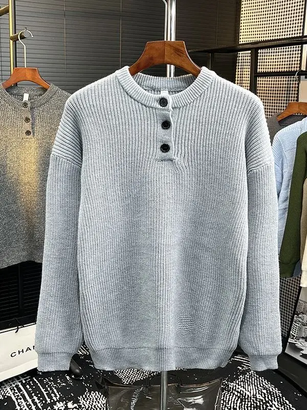 

Мужской свитер с воротником-стойкой и пуговицами, модный, однотонный, вязаный, для повседневной носки, теплый, из полиэфирного волокна
