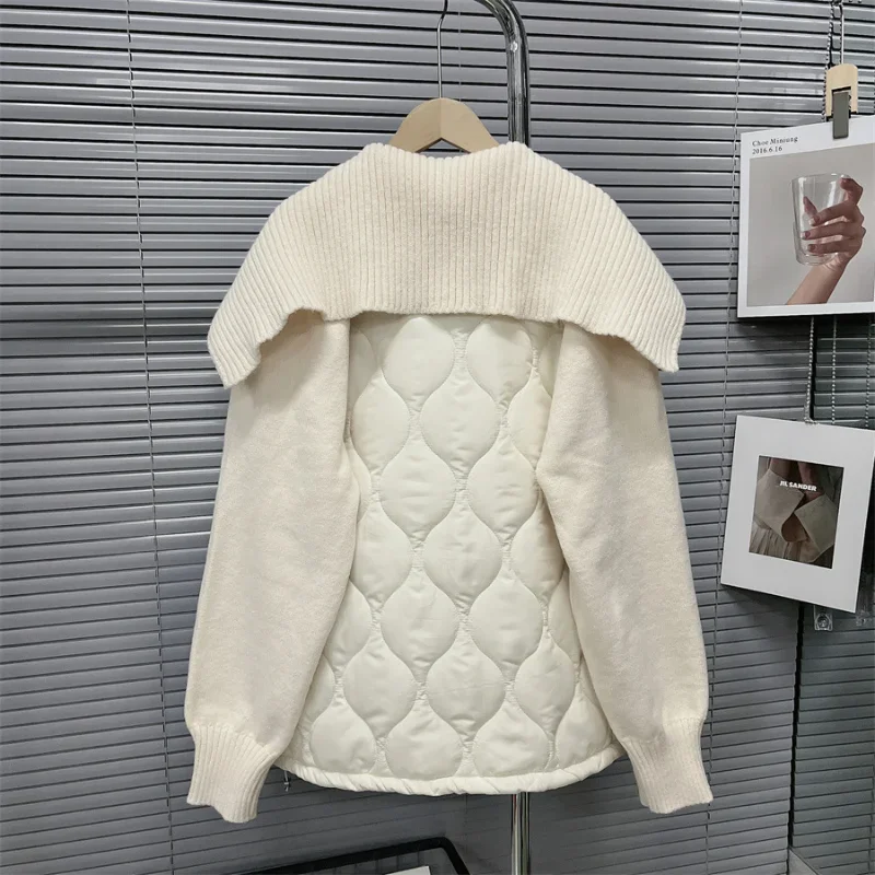 Fashion Big Turn-down Collar Knitted Patchwork Parka Sweet Solid Loose Sweater Coat Autumn Winter 2024 New Korean Jackets Women