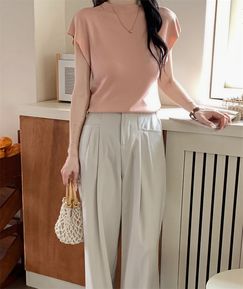 Korean Fashion Office Lady Aesthetic Shirring Knitted Tops Women Spring Summer Nice Elegant T-shirt Female Cheap Wholesale