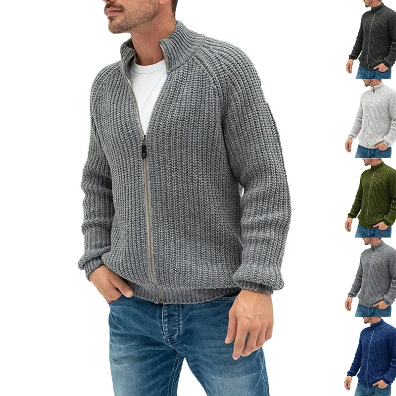 

2023 Autumn/Winter Sweater Cardigan Men's European and American Solid Color Zipper High Neck Knitted Coat Large Men's Wear