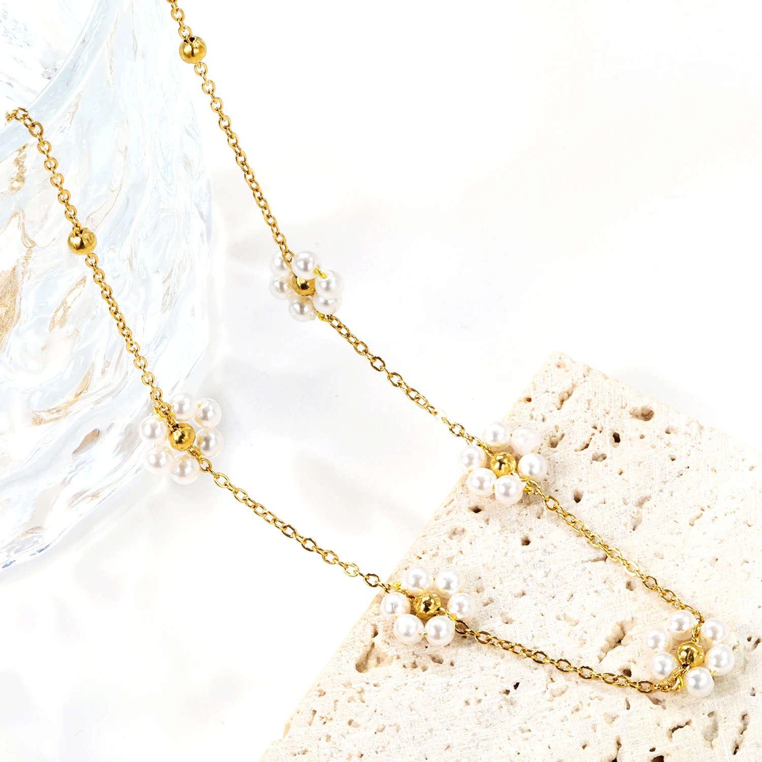 Fashionable Sainless Steel Color-retaining Fresh Small Floral Bead Necklace Summer Collarbone Chain Girls' Jewelry Gift