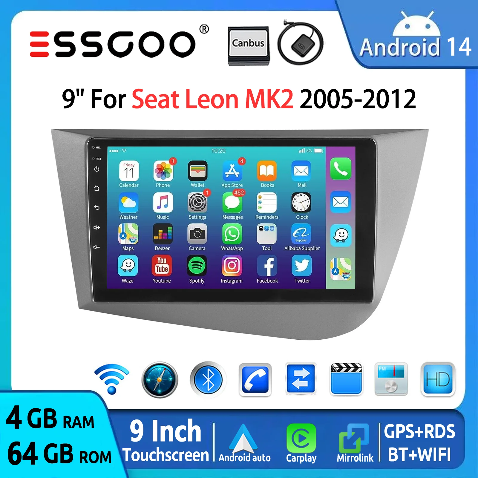 ESSGOO Schermo Touch da 9 2 DIN Autoradio Android 14 per Seat Leon MK2 1P1 2005–2012 Carplay Wireless Android Auto Navigazione GPS Comandi al Volante FM BT WiFi RDS Lettore Video Multimediale