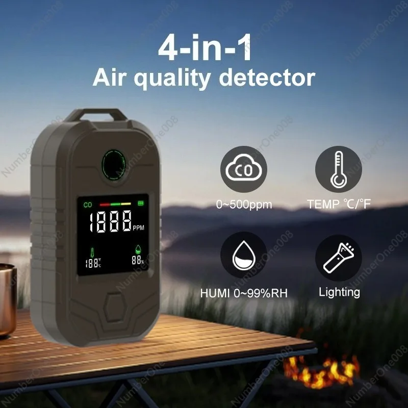 Portable CO Detector with Temperature Humidity Monitor Flashlight Long Battery Life 4 in 1 Gas Analyzer