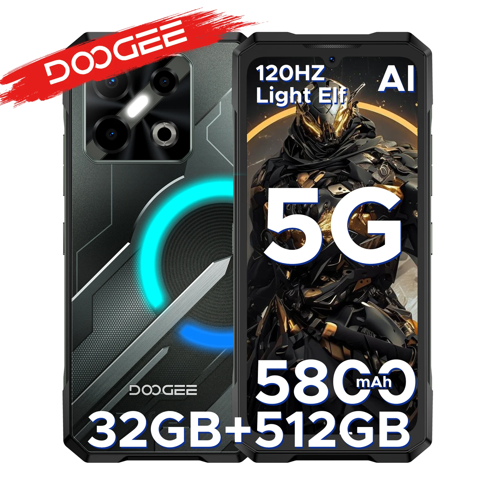 T�l�phone robuste DOOGEE Blade GT Pro 5G 32 Go (12+20) 512 Go, ultra-fin 10,5 mm, effet lumi�re LED, appareil photo AI 100MP