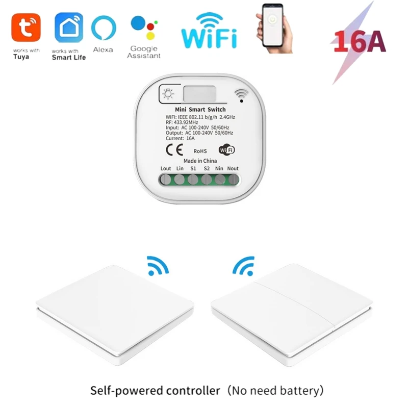 16A Tuya WiFi Smart Switch Wireless 433MHz Self Powered No Battery Needed Wall Switches Voice APP Control With Google Home Alexa